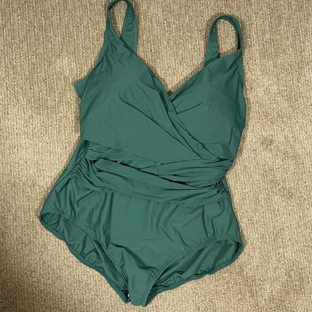 Lands End One Piece Swimsuit Womens 22W Teal Green Ruched Surplice Wrap
